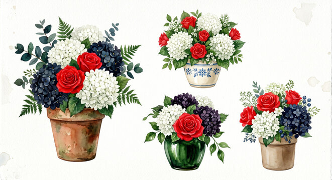 Hand painted watercolor set depicting charming floral compositions with white and black hydrangeas and bright red rose in different ceramic pots, isolated on a white background