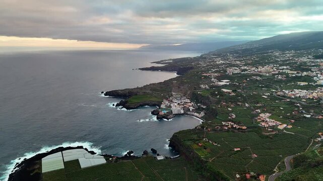 High altitude aerial view of San Juan de la Rambla coastline, Tenerife