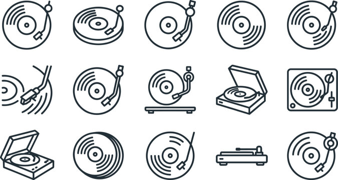 Set of vinyl record player and turntable line icons.