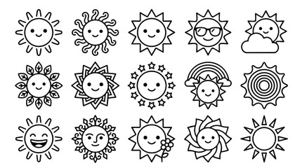 Fototapeta premium Set of happy sun face icons with various decorative rays