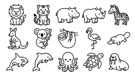 Obraz premium Cute outline cartoon wild and marine animal set