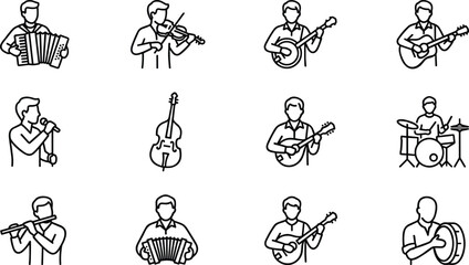 Set of outline icons featuring musicians playing various musical instruments. © Wahid