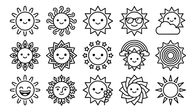 Set of happy sun face icons with various decorative rays