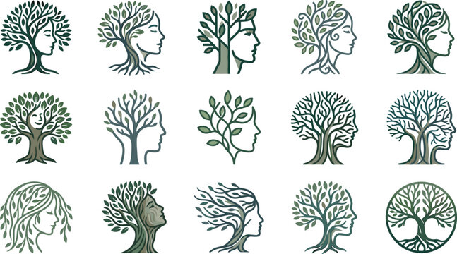 Collection of creative tree and human head profile illustrations.