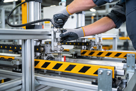 Worker in protective gloves meticulously assembling industrial machinery on a factory floor