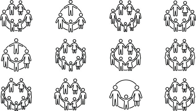 Set of line icons depicting diverse groups of people holding hands in circles representing community and unity.