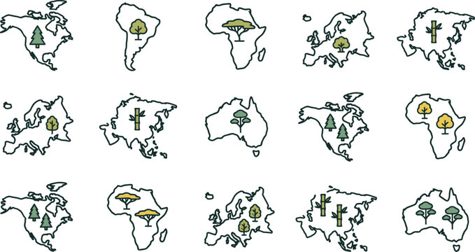 Set of hand drawn continent maps with native flora icons.