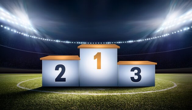 a sports stadium podium with numbered places for first second and third place winners illuminated by stadium lights