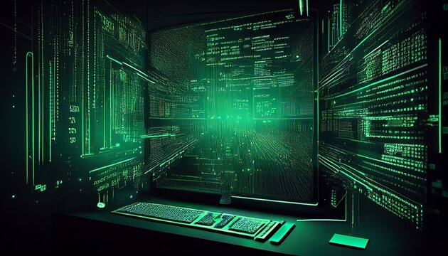 computer screen displaying intricate scrolling green programming code predominantly dark backdrop