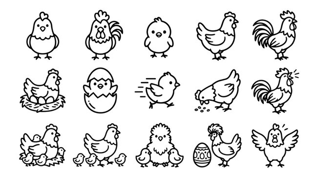 Outline icons of chickens, roosters, and chicks