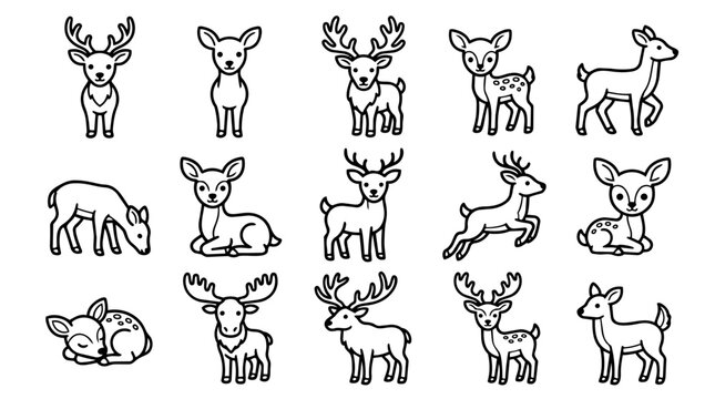 Set of cute cartoon deer and fawn outline characters