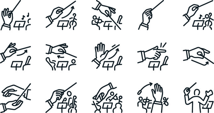 Set of conductor hands and gestures line art icons.