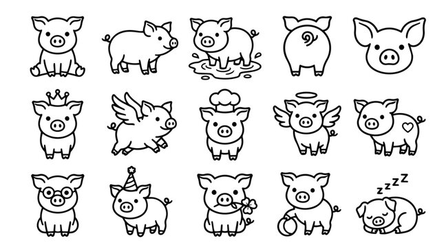 Cute cartoon pig icons set