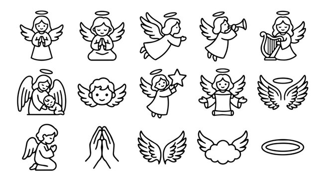 Set of line art angels and spiritual symbols