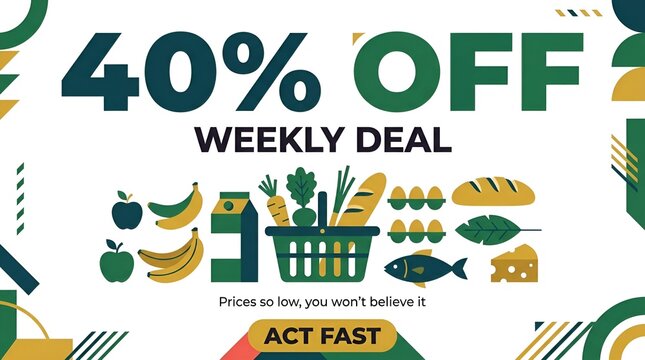 Colorful grocery weekly deal discount advertisement graphic.