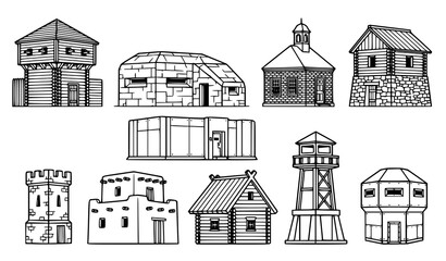 Naklejka premium Architectural Blockhouse Line Drawing Set with Historic Fortification Vector Illustrations