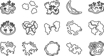 Set of hand drawn island icons with tropical palm trees and geographic shapes. © jenci