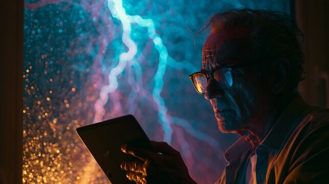 Closeup medium shot of a weather forecaster in a shadowy home office holding a tablet against a backdrop of multicolored lightning flashing through a stormwashed window shallow