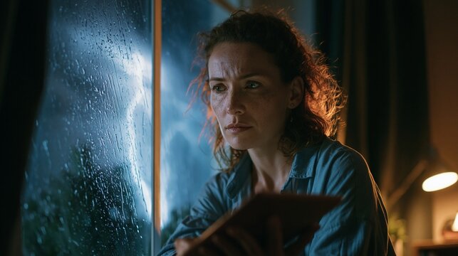 Medium shot of a focused weather forecaster holding a tablet by a rainstreaked window with vivid lightning outside dimly lit home office featuring dark curtains and subtle desk
