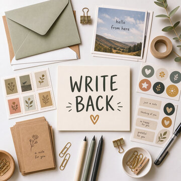 Write back stationery flat lay with greeting cards envelopes stickers and pens