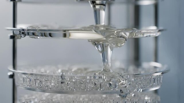Closeup medium shot of wetspinning dope being carefully layered into filtration apparatus highlighting clarity and consistency of solution.