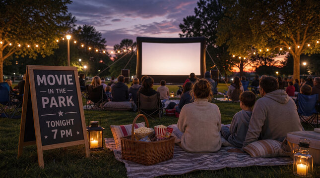 Outdoor movie night in park with families watching screen at dusk and string lights