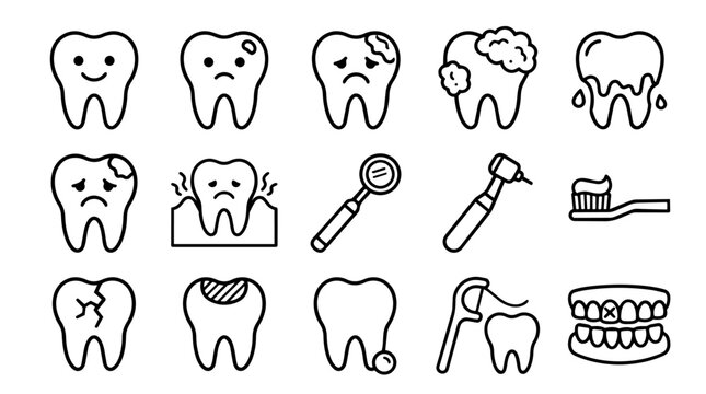 Dental health and hygiene outline icon set