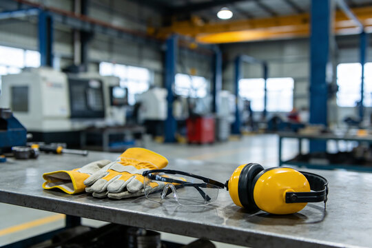 Industrial safety equipment including gloves, glasses, and headphones on a workbench