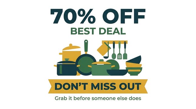 Colorful seventy percent off kitchenware sale advertisement.