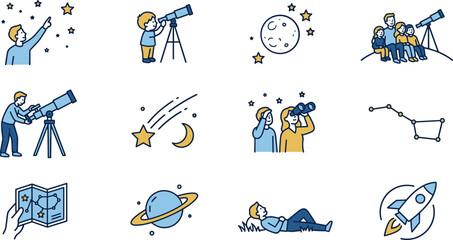 Set of astronomy and stargazing icons featuring people and space objects. © jojo