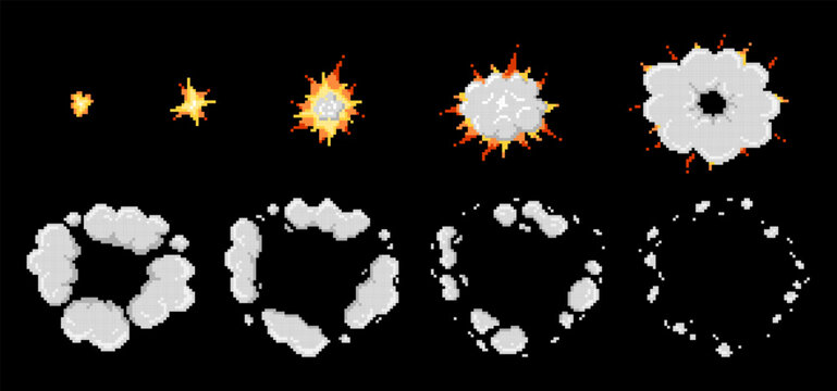 Pixel art explosion and smoke animation sprite sheet. Pixelated fire flame, flashes in retro style for 8 bit arcade game