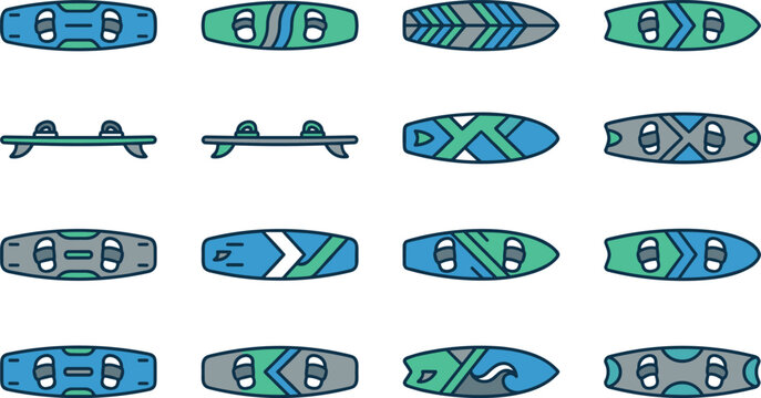 Set of colorful wakeboard and kiteboard icons for water sports.