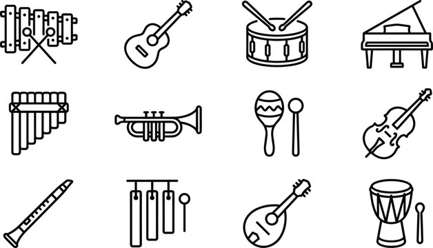 Set of musical instruments icons line art illustration.
