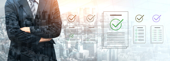 A businessman stands confidently in a suit against a city backdrop, surrounded by icons symbolizing document verification and compliance, representing modern professional services. Cyphers © InfiniteFlow