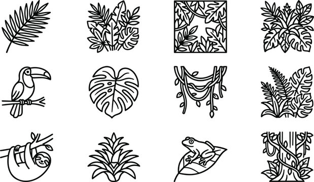 Set of outline jungle and rainforest icons.
