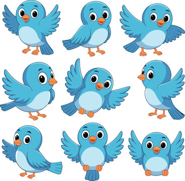 Nine cartoon bluebirds in various poses isolated on white background
