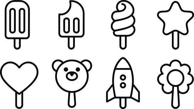 Line art icon set popsicles toys rocket and floral designs