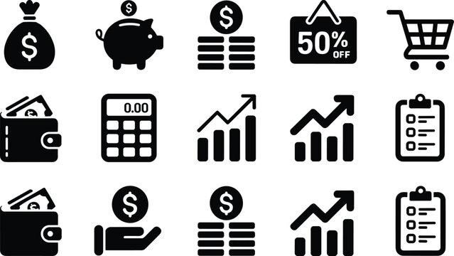 Financial icons set money bag piggy bank charts and shopping cart