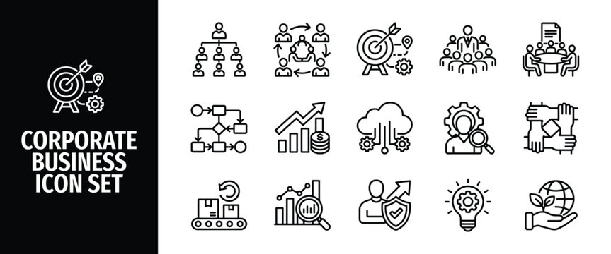 Corporate business line icon set icons for teamwork, leadership, strategy, growth, management, logistics, cloud computing, and sustainability vector