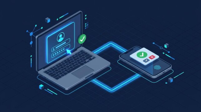 User engages in multi factor authentication by logging in on a laptop while the mobile device displays verification options