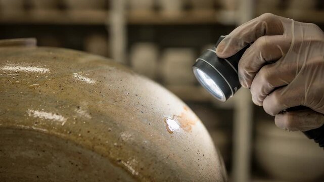 Closeup of technician using a handheld lamp to inspect glaze surface for runs and subtle color inconsistencies ensuring flawless finish on pottery.