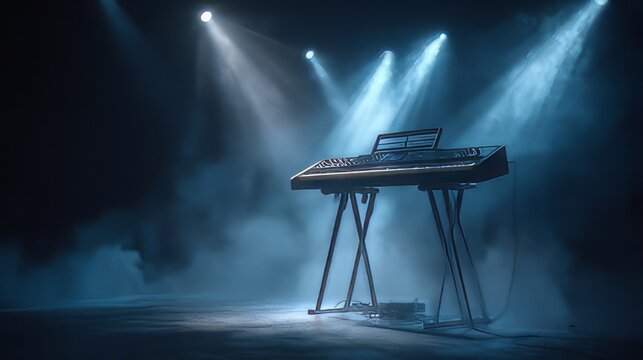 Digital arranger keyboard is centered in a dramatic spotlight beam