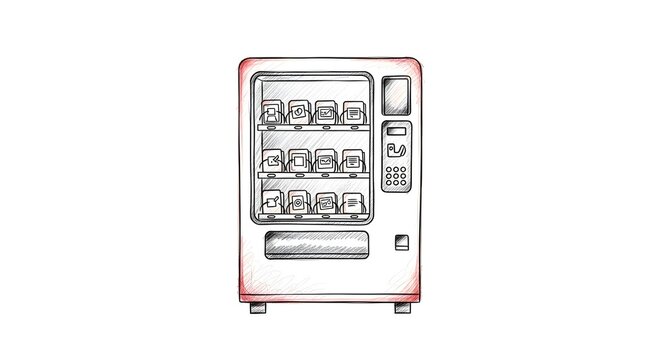 Retro vending machine illustration with snack items inside.
