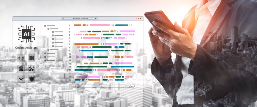 A business professional interacts with a smartphone while viewing an AI code assistant on a digital interface, showcasing technology and innovation in an urban landscape. Cyphers