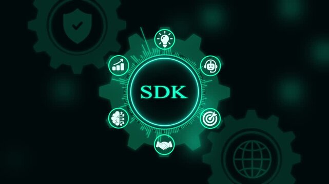 Sdk software development kit concept with digital gear and tech interface animation programming coding
