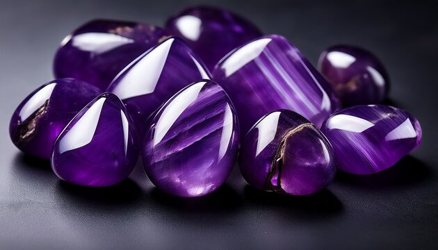 shiny polished purple amethyst stones arranged on a simple dark background