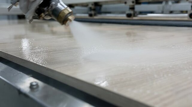 Closeup of largeformat wood panels being sealed and treated in a factory emphasizing smooth surfaces and protective coatings for high humidity areas.