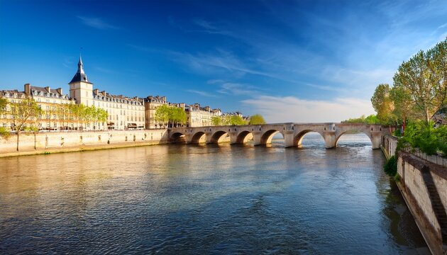 pont neuf bridge over seine in spring with rippling river and stone quay