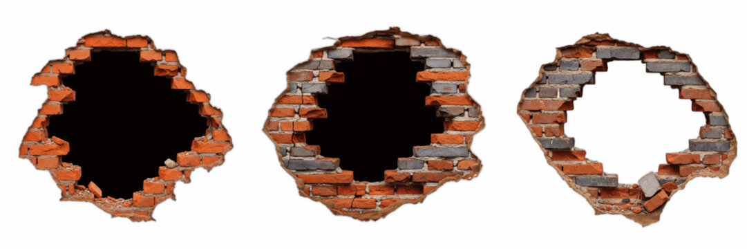 Destroyed Broken Red Brick Wall Hole Opening Revealing Dark Empty Space Portal Frame Effect Urban Grunge Architectural Ruin Destruction Graphic Element Isolated Background