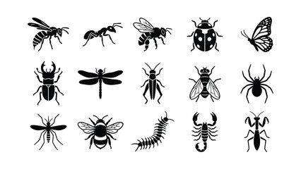 Set of black insect icons featuring various bugs and spiders in a minimalist silhouette style. © Alvina